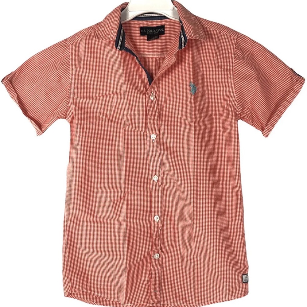 U.S. Polo Assn. Girl’s Polo Shirt  Button Down Checkered Peach Size L 14 - 16